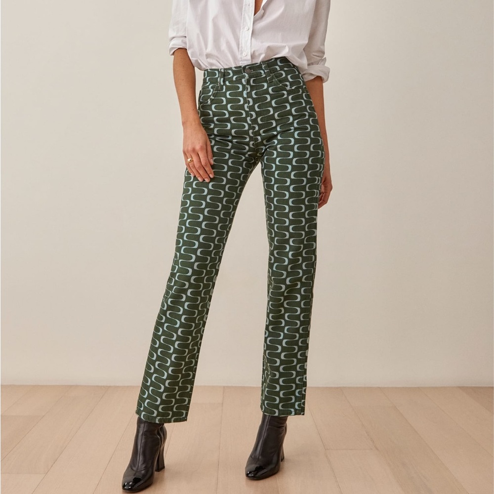 Reformation Green Patterned Straight Leg Pants